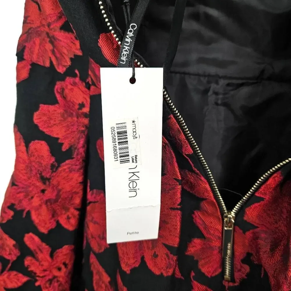 NWT CALVIN KLEIN Off The Shoulder Red & Black Brocade Fit & Flare Dress Size 10P - Picture 4 of 9